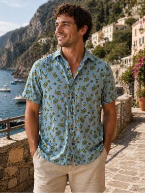Sovereign Code Lemon Print Button-Up Shirt Men’s Small Blue Yellow Resort Beach